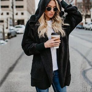 Cozy Black Hooded Cardigan Women's Faux Fur Jackets Autumn Winter Leopard Coats